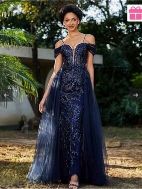 Elegant Navy Off-Shoulder Embellished Prom Gown